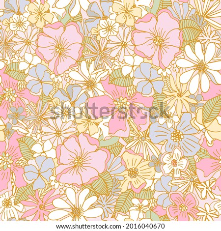 Seamless retro style hand drawn floral pattern. High detailed flower texture  in pastel colors. Vector illustration