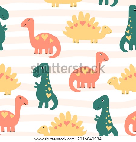 Seamless  kids pattern Dinosaurs with heart on pink striped background. Vector children backdrop. Baby concept. Template of wrapping, digital paper, wallpaper, fabric  textile print, clothes. 