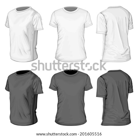 Men's white and black short sleeve t-shirt design templates (front and half-turned views). Vector illustration.