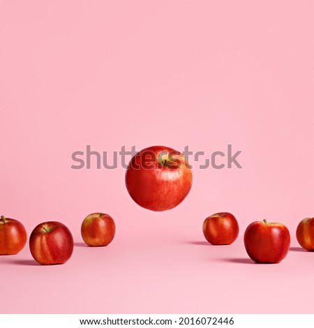Red and ripe apples placed in a row with one flying and levitating apple isolated on a bright pink background. Summer or fall fruit, delicious and healthy snack. Creative food concept.