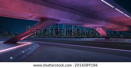 Empty asphalt road under the bridge during the night with beautiful city skyline background . Royalty-Free Stock Photo #2016089186