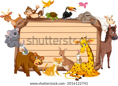 Empty wooden board with various wild animals illustration