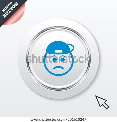 Sad rapper face sign icon. Sadness depression chat symbol. White button with metallic line. Modern UI website button with mouse cursor pointer. Vector