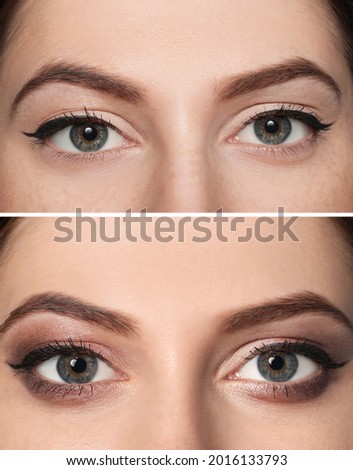 Collage with photos of woman with black eyeliner, closeup view  