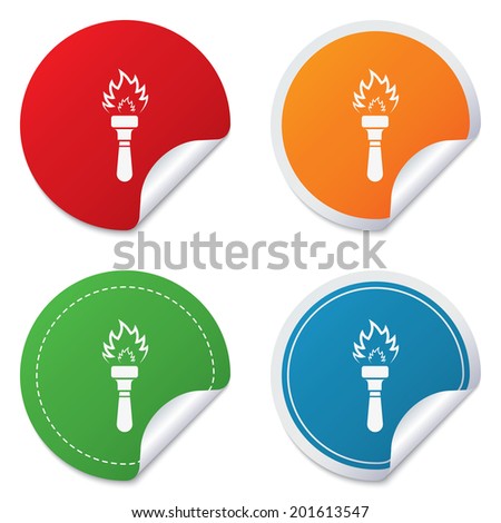 Torch flame sign icon. Fire flaming symbol. Round stickers. Circle labels with shadows. Curved corner. Vector