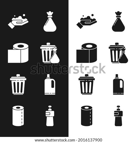 Set Trash can and garbage bag, Toilet paper roll, Washing hands with soap, Garbage, Fabric softener, Dishwashing liquid bottle and Paper towel icon. Vector