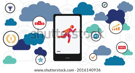 vector illustration of mobile phone and running person with ranks and estimation symbols