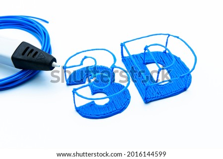 Rough handmade three-dimensional rendering of 3D letters by 3D printing pen and blue filament on the white background