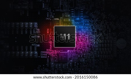 M1 processor chip. Network digital technology with computer cpu chip on dark motherboard background. Protect personal data and privacy from hacker cyber attack Royalty-Free Stock Photo #2016150086