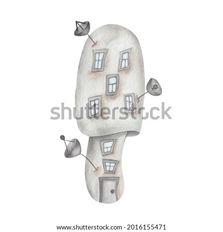 Watercolor illustration hand drawn grey mushroom house with windows and door for dwarf isolated on white. Forest clip art element in cartoon style for autumn fabric textile, postcards design, poster