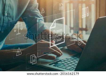 Compliance concept, rules and law regulation policy icons on virtual screen. Royalty-Free Stock Photo #2016162179