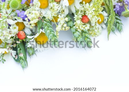 On a white background with space for writing text, blurred image of a part of a bouquet of daisies, spikelets and wildflowers.