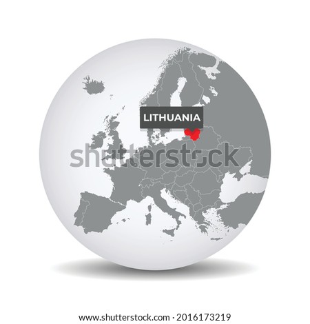 World globe map with the identication of Lithuania. Map of Lithuania. Lithuania on grey political 3D globe. Europe countries. Vector stock.