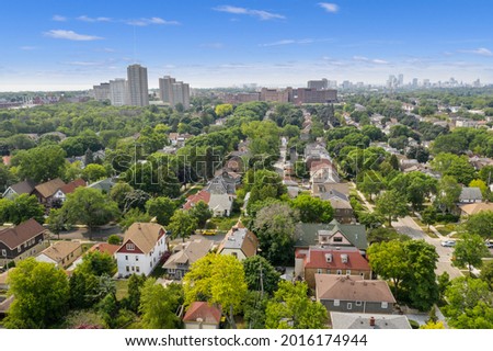 Aerial view of Shorewood Wisconsin looking south towards downtown Milwaukee. Taken July 2021