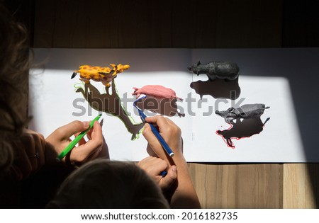 The child draws the contrasting shadows from the toy figures of animals along the contour with a felt-tip pen. creative ideas for children's creativity. Interesting activities for children