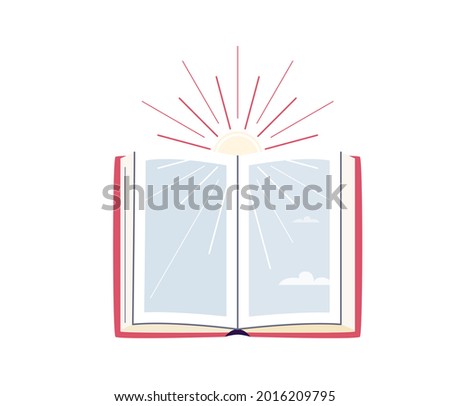 Read concept vector background. Open book with sun behind it, sunlight rays, stylized sky, cloud isolated on white. Library, bookstore design illustration in simple cartoon flat style.