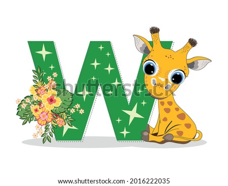 Cute Cartoon little giraffe with letter W. Perfect for greeting cards, party invitations, posters, stickers, pin, scrapbooking, icons.