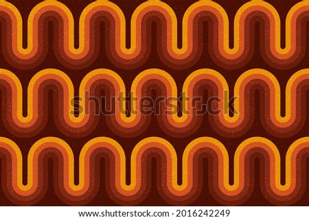 Retro style seamless pattern with colorful waves, curly stripes. Endless wallpaper, fabric print with canvas grunge texture. 70s, boho ornament. Royalty-Free Stock Photo #2016242249