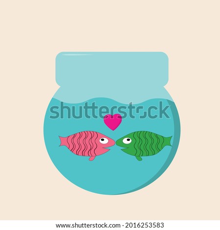 a pair of two fish in love pink and green look at each other hearts fly above them in a round aquarium on monochrome