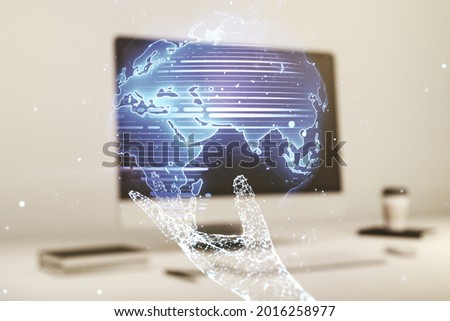 Multi exposure of abstract graphic world map on modern computer background, big data and networking concept concept