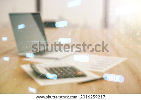 Multi exposure of abstract creative coding sketch on calculator and laptop background, artificial intelligence and neural networks concept