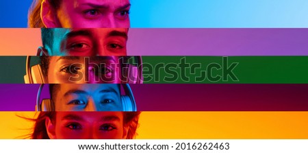 Collage of close-up male and female eyes isolated on colored neon backgorund. Multicolored stripes. Flyer with copy space for ad. Concept of equality, unification of all nations, ages and interests Royalty-Free Stock Photo #2016262463