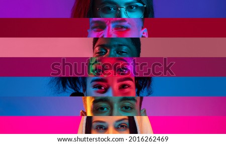 Collage of close-up male and female eyes isolated on colored neon backgorund. Multicolored stripes. Flyer with copy space for ad. Concept of equality, unification of all nations, ages and interests Royalty-Free Stock Photo #2016262469