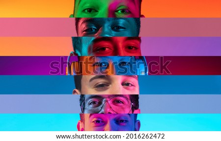 Collage of close-up male and female eyes isolated on colored neon backgorund. Multicolored stripes. Flyer with copy space for ad. Concept of equality, unification of all nations, ages and interests Royalty-Free Stock Photo #2016262472