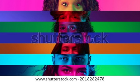 Collage of close-up male and female eyes isolated on colored neon backgorund. Multicolored stripes. Flyer with copy space for ad. Concept of equality, unification of all nations, ages and interests Royalty-Free Stock Photo #2016262478