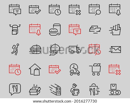 PIZZA DELIVERY, and Food Icon Set Vector thin line, contains courier, home delivery, food ordering, fast transport, drone, ship, car, editable stroke. ICONS circuits.