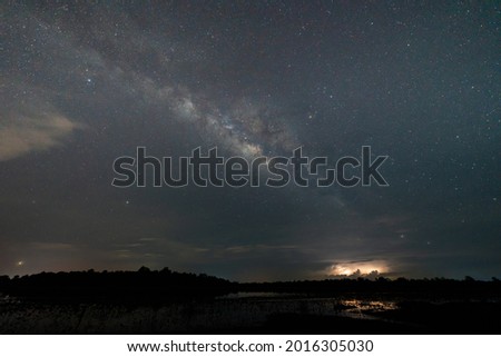 beautiful, wide blue night sky with stars and Milky way galaxy. Astronomy, orientation, cloud sky concept, and background.