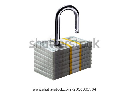 Financial freedom concept. Padlock on stacks of 100 US Dollar bill on White background, Clipping path included Royalty-Free Stock Photo #2016305984