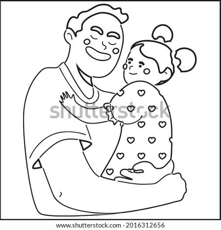 Father's Day Coloring Pages. Father's Day Card. Dad Hugging Daughter. Black and white, linear, image. For the design of coloring books, prints, posters, stickers, tattoos...
