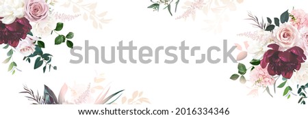 Floral banner arranged from leaves and flowers. Peony, greenery and roses card. Stylish fashion frame. Dusty pink light. Wedding design. Blush, green, white, burgundy tones. Isolated and editable Royalty-Free Stock Photo #2016334346