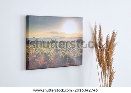 Canvas photo print with gallery wrap and dry grass interior decor. Landscape photography hanging on white wall