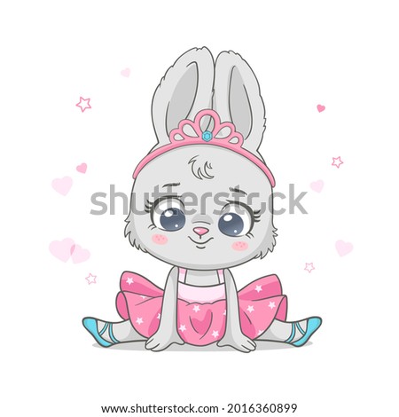 Vector illustration of a cute baby  bunny ballerina in pink tutu, sitting on the splits.  