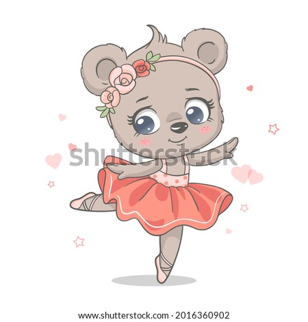 Vector illustration of a cute baby bear ballerina dancing in pink tutu.