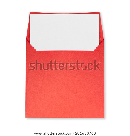 Square red envelope open and white paper inside on a white background.