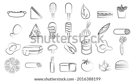 Black and white set of 28 food and snack items icons for restaurant bar cafe: hot dog, ice cream, greens, chicken, fries, eggs, pizza, fish, canned food, eggs. The background.