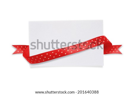 White paper card with a red ribbon bow on a white background.