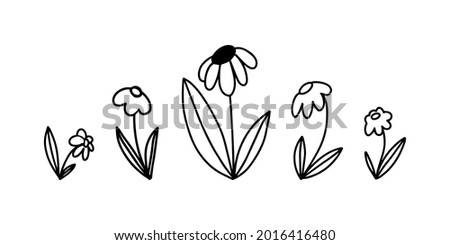 Vector illustration set of simple childish hand drawn flower doodles with leaves in black outline isolated on white background. Kid drawing, naive Scandinavian style