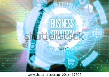 Conceptual caption Business Strategy. Conceptual photo working plan of a business for achieving its vision Gentelman Uniform Standing Holding New Futuristic Technologies.