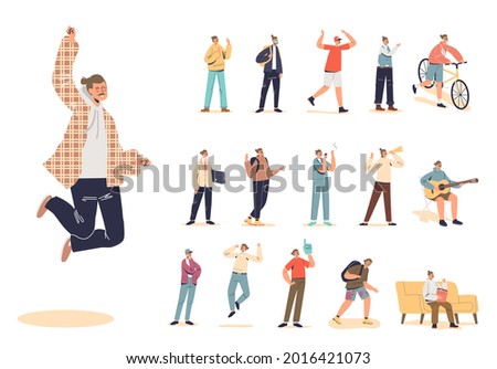 Cheerful hipster guy with mustache lifestyle set: cartoon casual man jumping, walking, riding bicycle, playing guitar dressed in trendy modern clothes. Flat vector illustration
