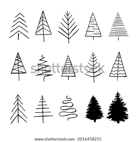 Christmas trees abstract set hand drawing sketch in doodle style isolated on white background. Vector stock illustration. 