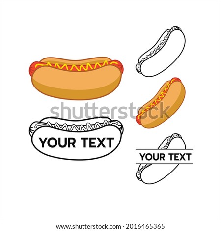 Hot dog.Vector set of isolated elements of street fast food Hot dog. Hot dog hand drawn in doodle style black outline and silhouette and color drawing sausage with bun  for menu label design template