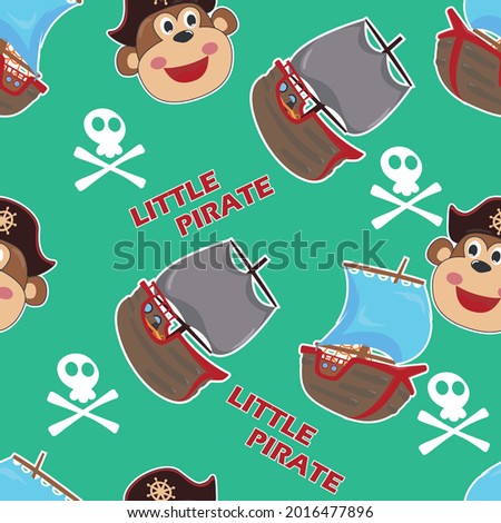 Vector seamless pattern with funny monkey pirate cartoon, Cute Marine pattern for fabric, textile, nursery, baby clothes, background, textile, wrapping paper and other decoration.