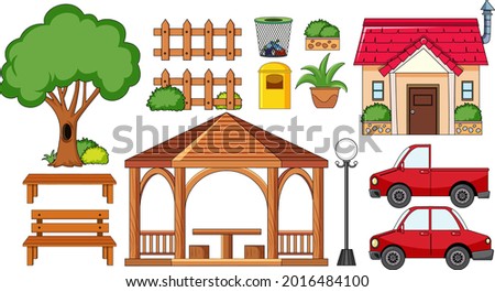 A house with outdoor decoration set isolated illustration