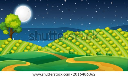 Blank meadow landscape scene at night time illustration