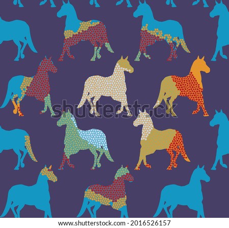 Abstract Hand Drawing Camouflage Silhouette Tile Horses Seamless Vector Pattern Isolated Background