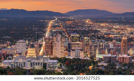 Salt Lake City, Utah, USA downtown city skyline at dusk.